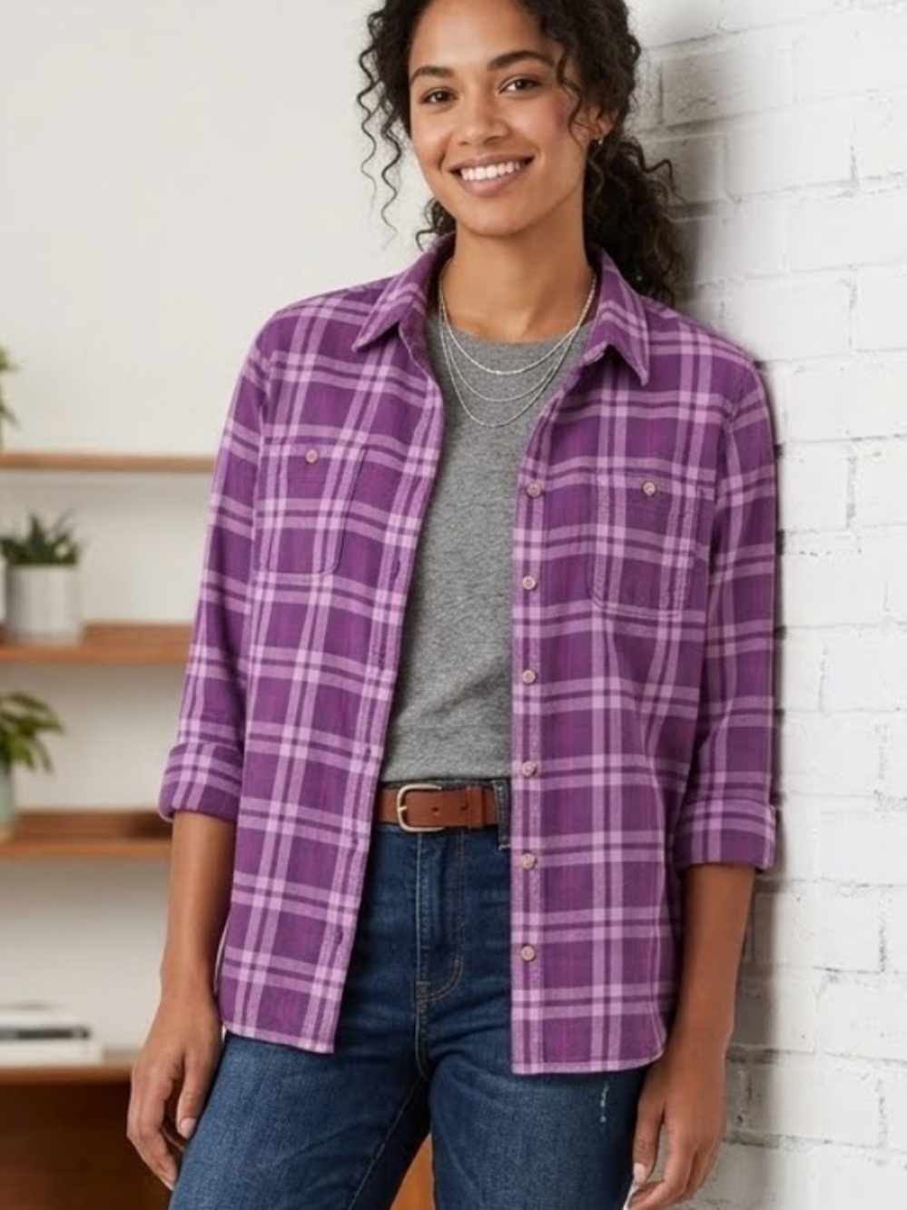 Duluth Plaid Cotton Flannel Shirt Purple Crosscut Performance Outdoor Sz Medium